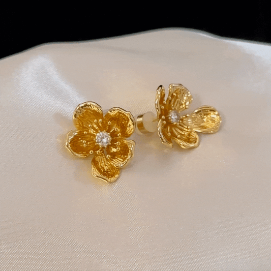 Elegant French Vintage Earrings - 3D Floral Teardrop Design with Gold Plating