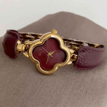 Angora Red Wimepiece: Clover Charm Leather Quartz Watch