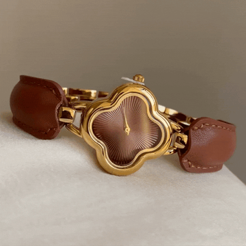 Elegant Brown Leather Bracelet Watch with Gold Four-Leaf Clover Dial