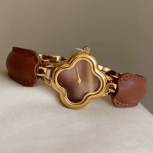 Elegant Brown Leather Bracelet Watch with Gold Four-Leaf Clover Dial