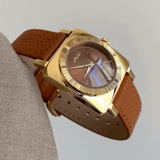Elegant Brown Leather Strap Women’s Quartz Watch with Gold Square-Round Case