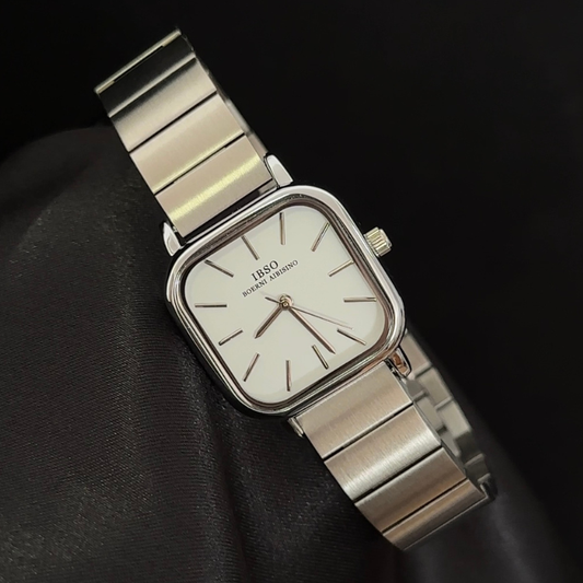 Minimalist Luxury White Rectangular Dial Watch - Silver Stainless Steel Quartz Bracelet