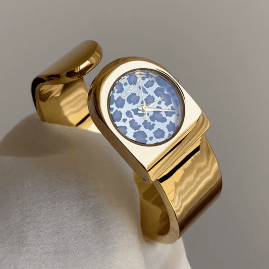 Damen Quarzuhr mit Gold-Leopardenmuster – Elegante Armreif-Uhr