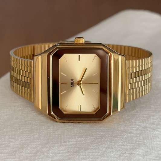 Vintage Square Gold Dial Watch with Gold Plated Case Alloy Band Quartz Movement