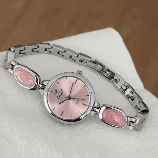 Delicate Round Pink Dial Silver-Tone Watch with Crystal Accent Bracelet and Quartz