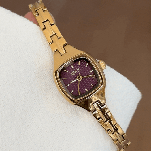 Vintage Style Red Rectangle Dial Gold Plated Case Alloy Strap Quartz Movement Watch