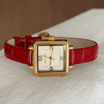 Versatile Square Gold Dial Watch with Red Genuine Leather Band | Quartz Movement