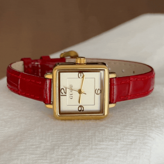 Versatile Square Gold Dial Watch with Red Genuine Leather Band | Quartz Movement