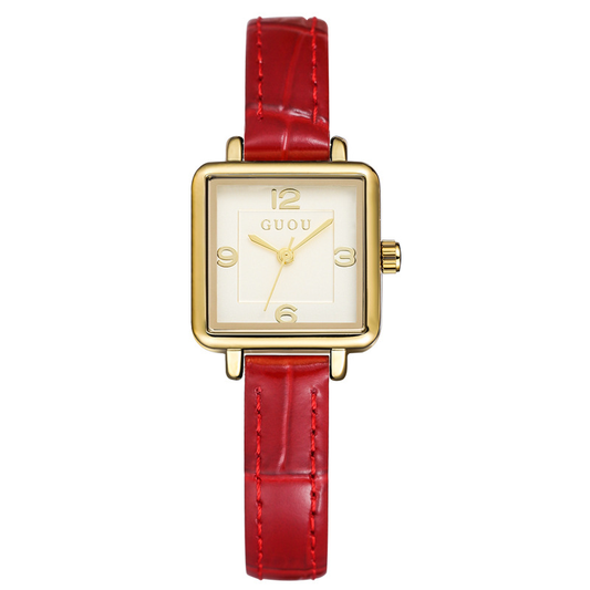 Versatile Square Gold Dial Watch with Red Genuine Leather Band | Quartz Movement