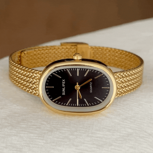 Chic Oval Black Dial Watch with Gold Case & Wheat-Pattern Bracelet