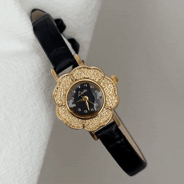 Sophisticated Floral Black Dial Watch with Gold Case & Leather Strap