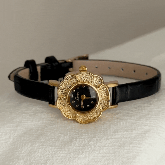 Sophisticated Floral Black Dial Watch with Gold Case & Leather Strap