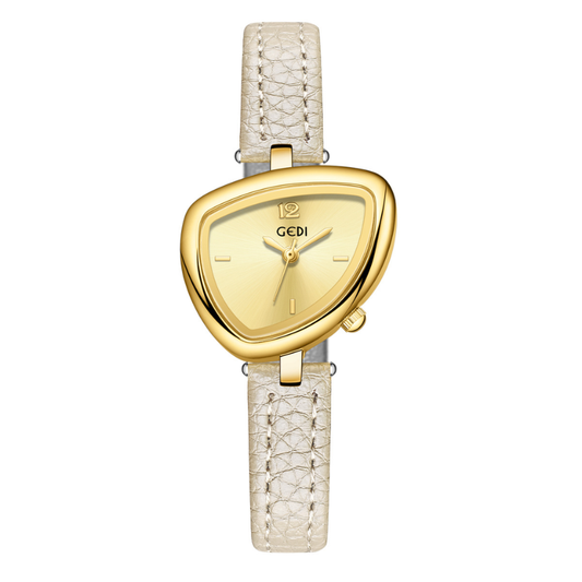 Aurora Curve – Women’s Gold Irregular Dial Watch with Ultra-Slim White Leather Strap