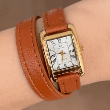 Modern White Rectangle Gold Case Brown Leather Dual Loop Quartz Watch