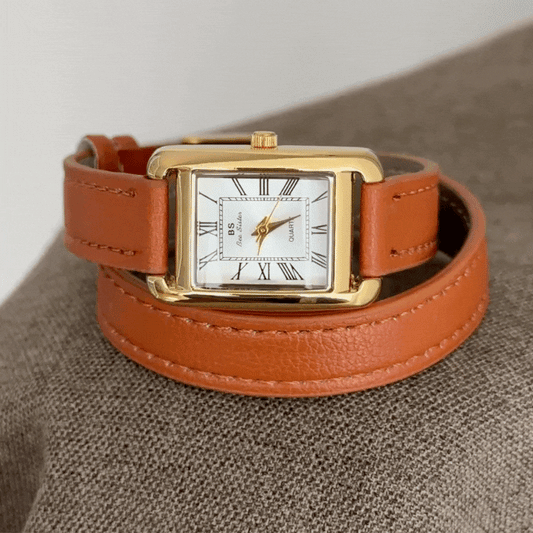 Modern White Rectangle Gold Case Brown Leather Dual Loop Quartz Watch