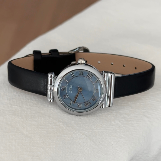 Chic Blue Mother-of-Pearl Silver Case Black Microfiber Leather Quartz Watch