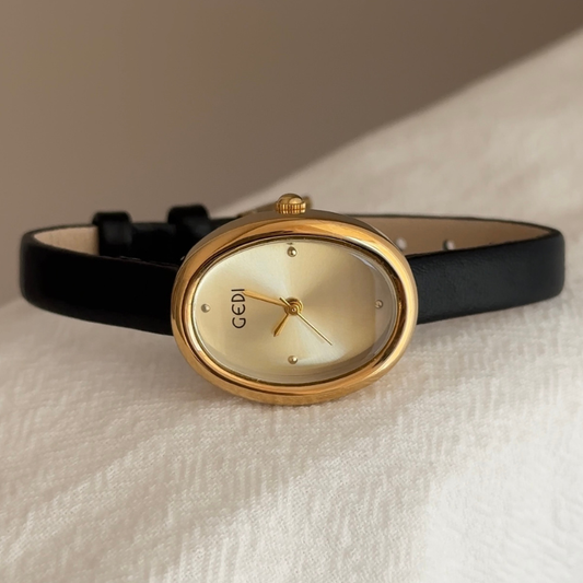 Luna Oval – Women’s Gold Mini Oval Dial Watch with Ultra-Slim Black Strap
