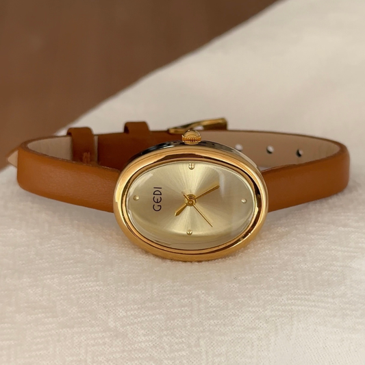 Luna Beige – Women’s Gold Mini Oval Dial Watch with Ultra-Slim Brown Strap
