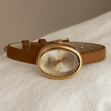 Luna Beige – Women’s Gold Mini Oval Dial Watch with Ultra-Slim Brown Strap