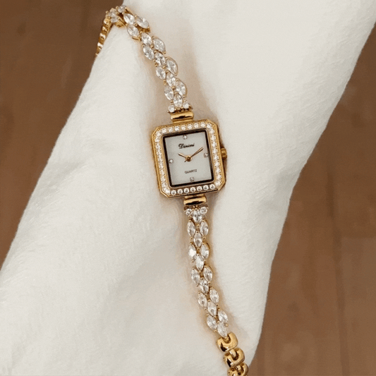 Luxury White Rectangular Diamond Gold Frame Dual-Tone Silver Gold Bracelet Quartz Watch