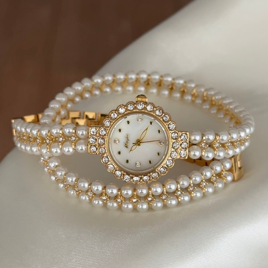 Elegant Women's Pearl & Crystal White Round Dial Gold Bezel Watch with Wrapped Pearl Bracelet | Quartz Movement