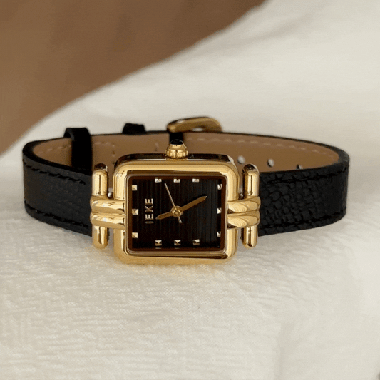 Noir Élégance – Women’s Black Leather Strap Watch with Gold Rectangular Case and Black Dial