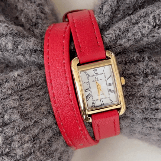 Rouge Wrap – Women’s Red Double-Tour Leather Strap Watch with Gold Rectangular Case and White Dial