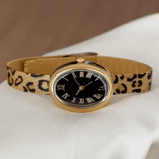 Leopard Print Bathtub Watch - Black & Gold Oval Dial | Women's Quartz