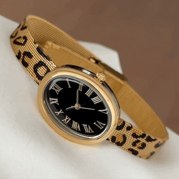 Leopard Print Bathtub Watch - Black & Gold Oval Dial | Women's Quartz