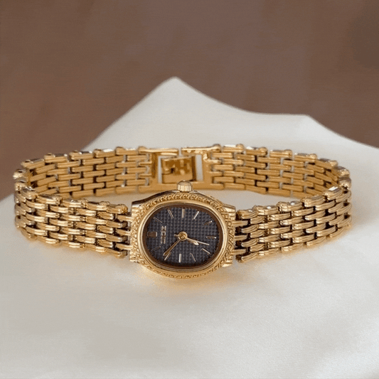 Oval Black Dial Watch - Gold Bezel & Bracelet | Women's Quartz