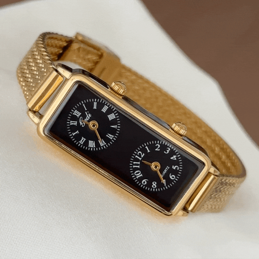 Classic Style Dual Time - Black Gold Rectangle Case, Wheat Strap | Vintage Quartz