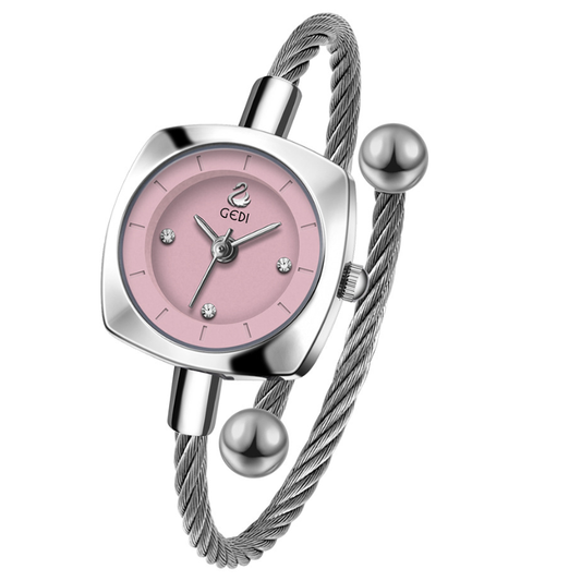 Gray Silver Bangle & Pink Dial: Women's Quartz Watch