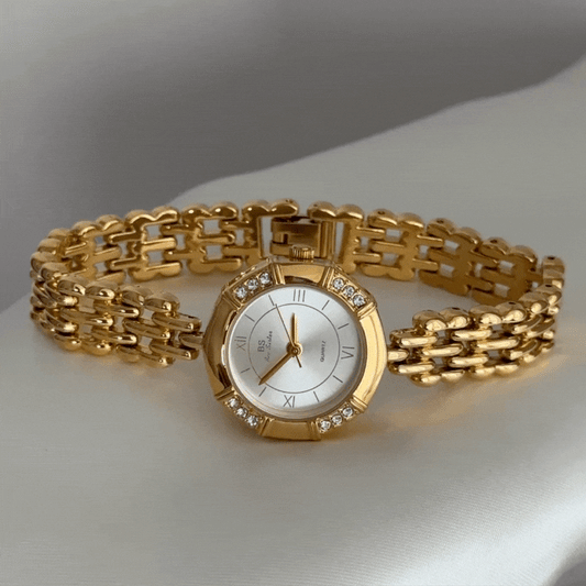 French Elegance Timepiece - White Gold Dial with Crystal Octagon Frame