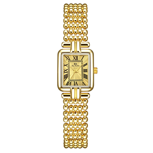 Romantic French Vintage Quartz Watch: Gold Bead Bracelet & Rectangle Roman Dial - Versailles Bloom
