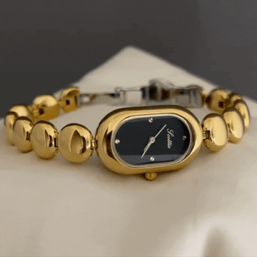 Gold Oval Black Dial Reloj de cuarzo con cuentas para mujeres - Elegante y atemporal