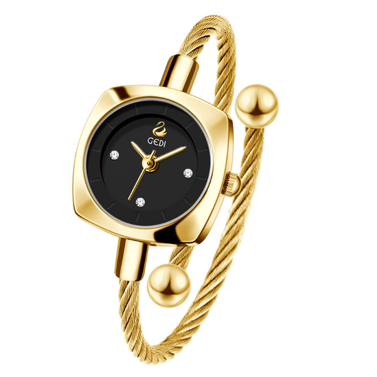 Twist Square – Women’s Gold Braided Metal Bracelet Watch with Black Square Dial