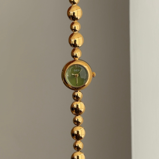 Chic Green Dial Watch - Gold Round Case & Beaded Alloy Bracelet