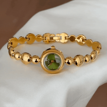 Chic Green Dial Watch - Gold Round Case & Beaded Alloy Bracelet