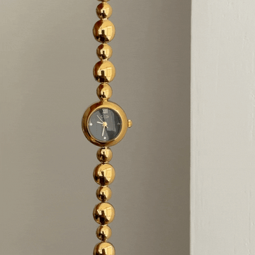 Urban Black Dial Watch - Gold Round Case & Beaded Bracelet