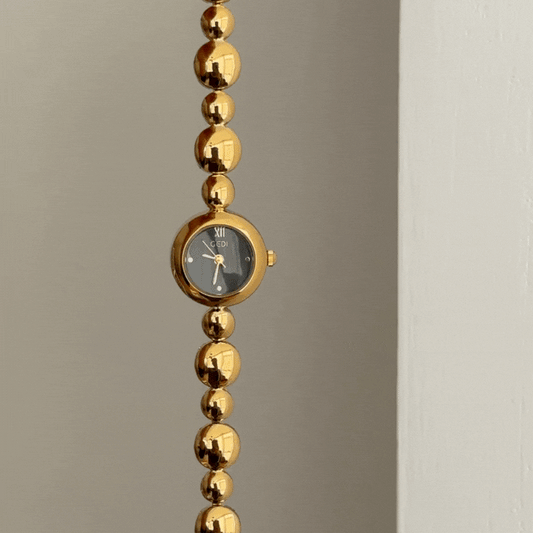 Urban Black Dial Watch - Gold Round Case & Beaded Bracelet