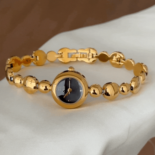 Urban Black Dial Watch - Gold Round Case & Beaded Bracelet