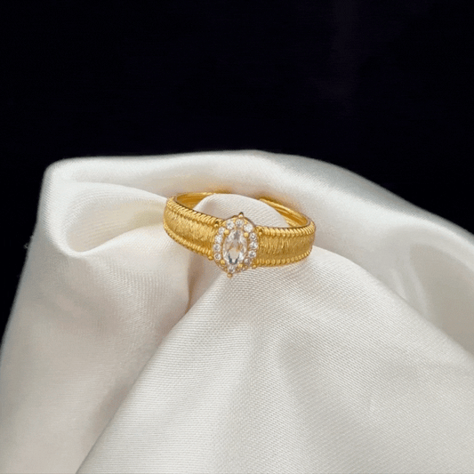 Wide Band Brushed Bead Ring with Diamond Accents - Adjustable Vintage Royal Style