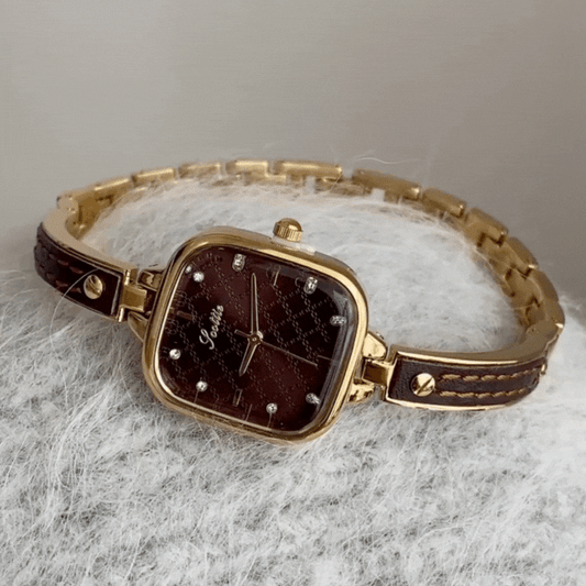 Women’s Brown Leather Bracelet-Style Watch with Gold Square Case and Patterned Brown Dial