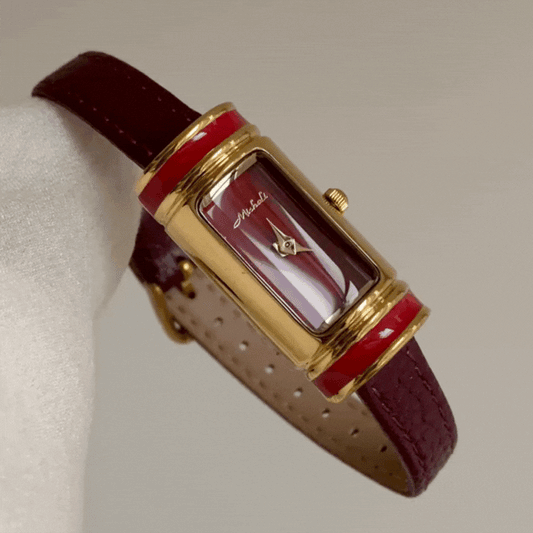 Rouge Élise – Women’s Red Leather Gold Rectangular Case Quartz Watch