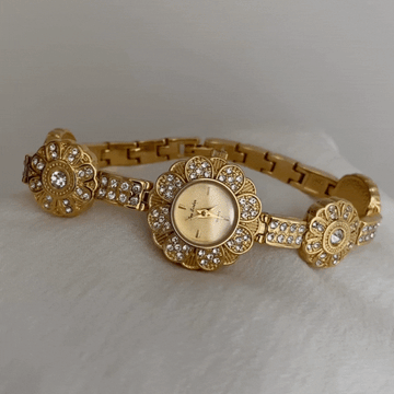 Vintage Floral Watch with Gold Dial, Diamond-Studded Frame & Alloy Bracelet
