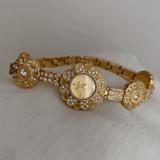 Vintage Floral Watch with Gold Dial, Diamond-Studded Frame & Alloy Bracelet