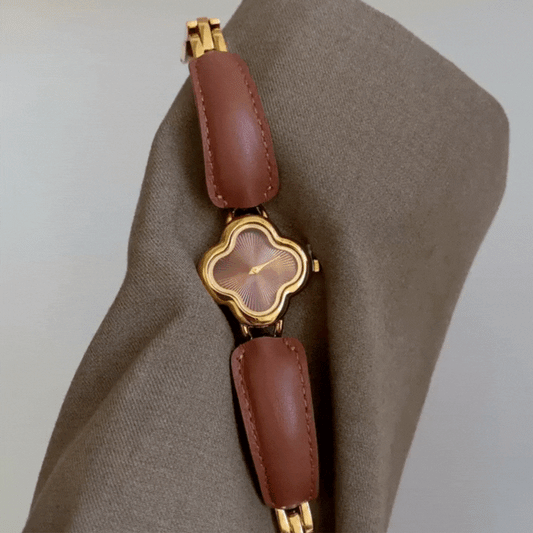 Elegant Brown Leather Bracelet Watch with Gold Four-Leaf Clover Dial