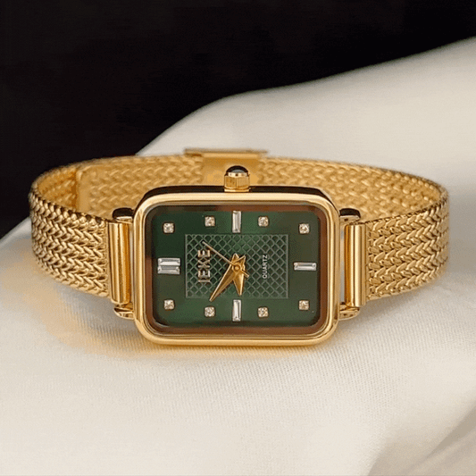 Vintage Luxury Green Rectangular Watch - Gold Wheat Quartz Bracelet