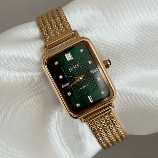 Vintage Luxury Green Rectangular Watch - Gold Wheat Quartz Bracelet