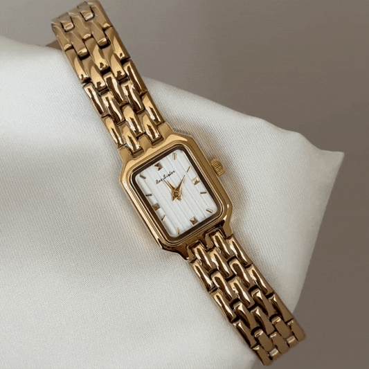 Refined Commute White Rectangular Dial Watch - Gold Stainless Steel Quartz Bracelet